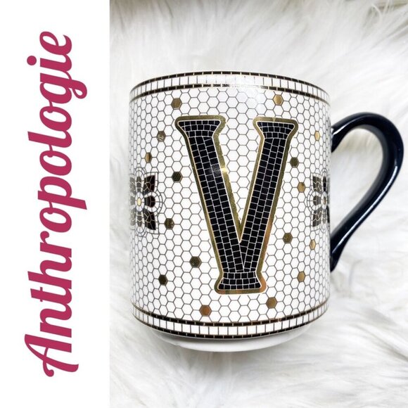 ANTHROPOLOGIE Bistro Tile Margo Ceramic Mug Coffee Tea With Monogram V Initial - Picture 5 of 5